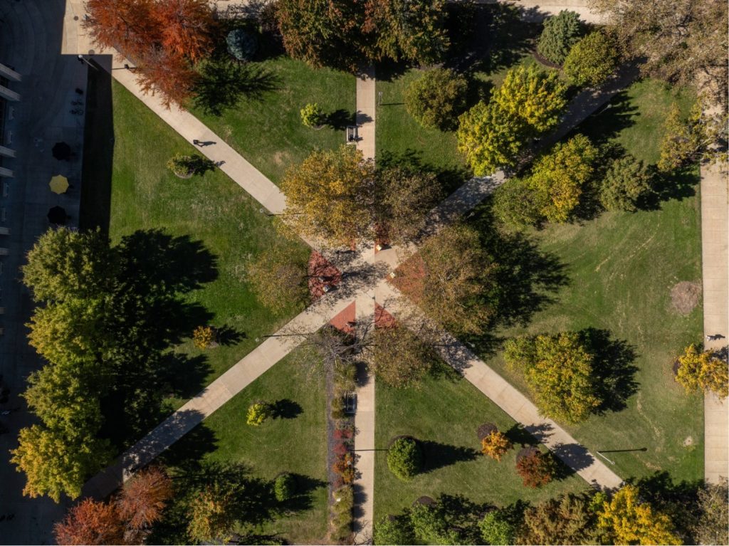 Walking paths that lead through a park setting and meet in the center.