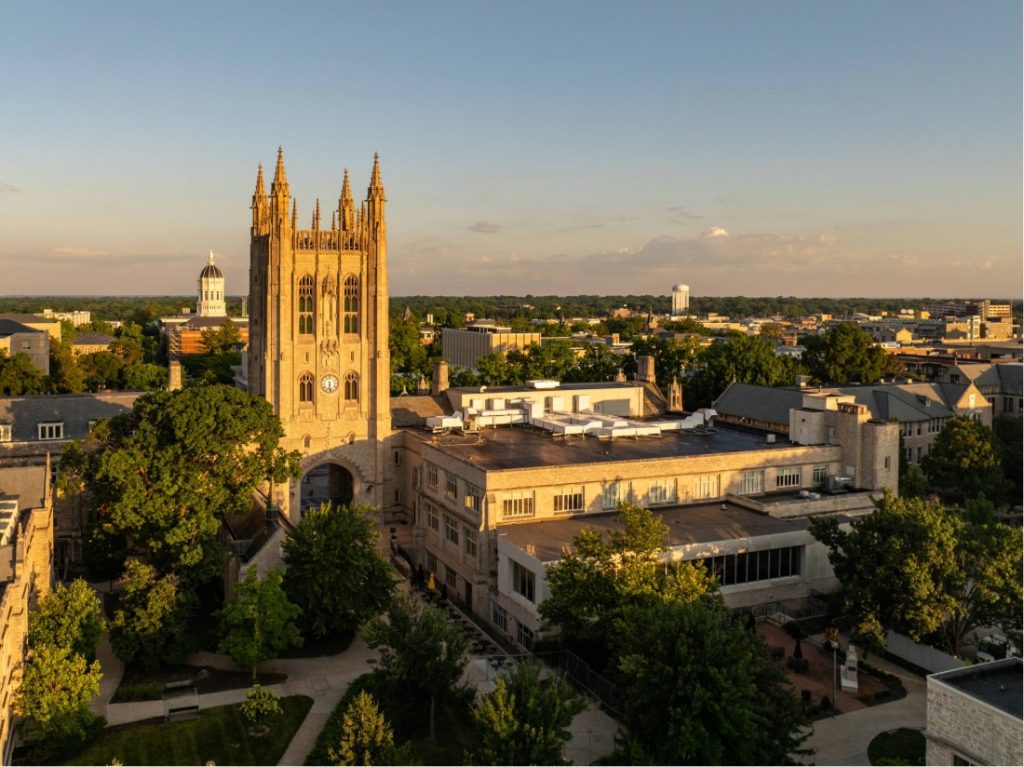 Arial photography of buildings on the University of Missouri campus at sunset.