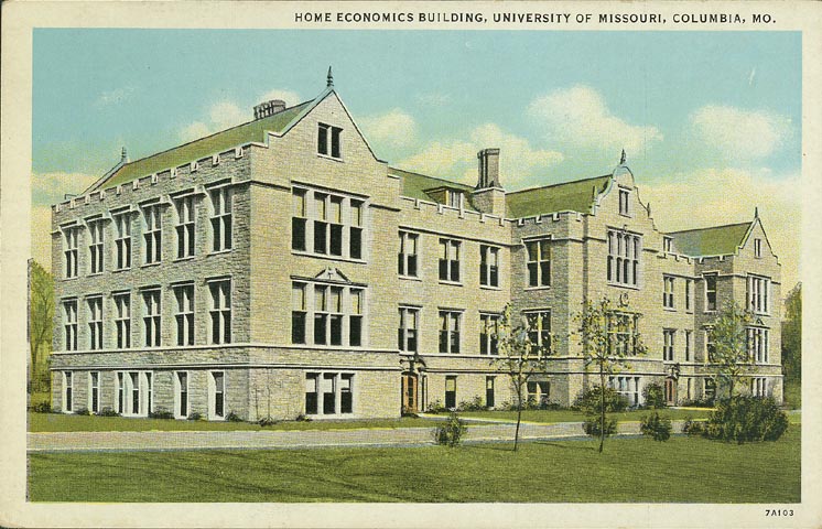 A color postcard image of Gwynn Hall, a brick and mortar building, from the 1920s that housed the Home Economics Department and the Child Development Lab.